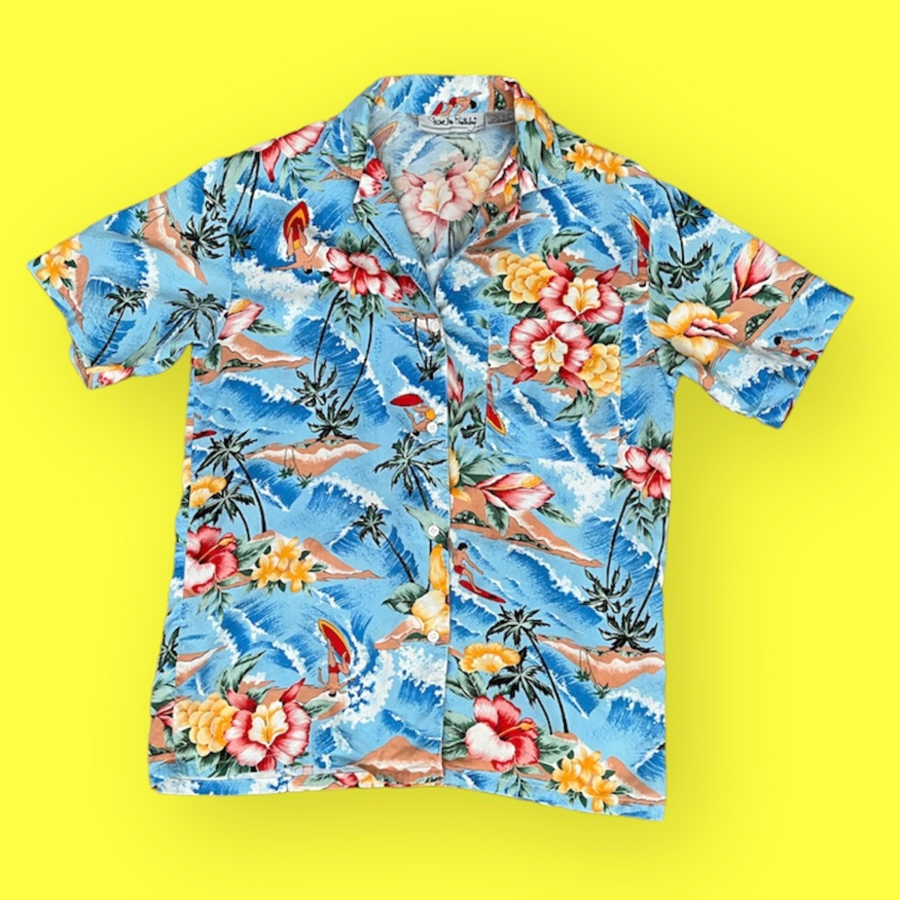 Vintage Diane Von Furstenberg Hawaiian Aloha Shirt Blue size 6